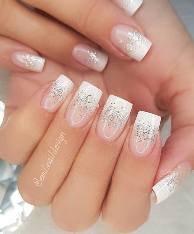 40 Best Wedding Nails For 2022 : Ombre White & Glitter Nails