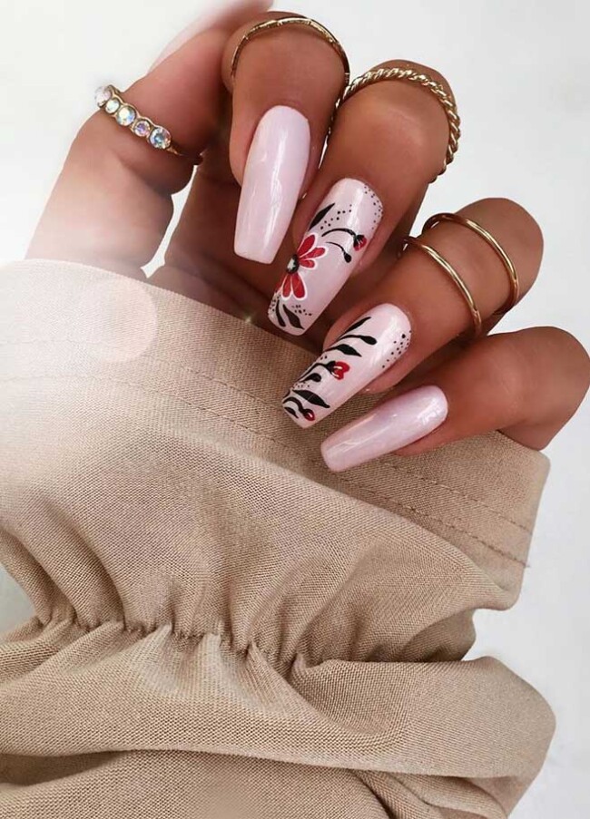 40 Best Wedding Nails For 2022 : Red Flower Pink Nails