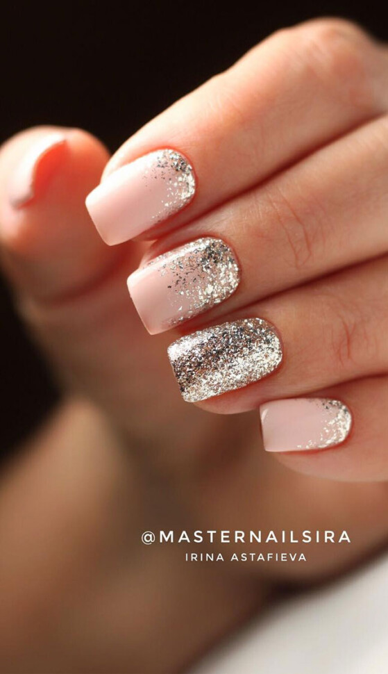 40 Best Wedding Nails For 2022 : Silver Glitter Pink Short Nails