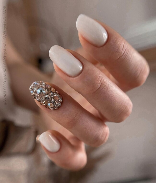 40 Best Wedding Nails For 2022 : Mixed White Nails with Gems