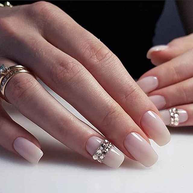 40 Best Wedding Nails For 2022 : Soft Ombre Nails with Rhinestones