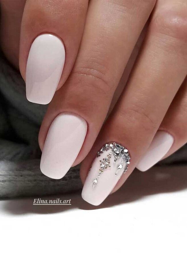 40 Best Wedding Nails For 2022 : Milky White Nails with Rhinestones