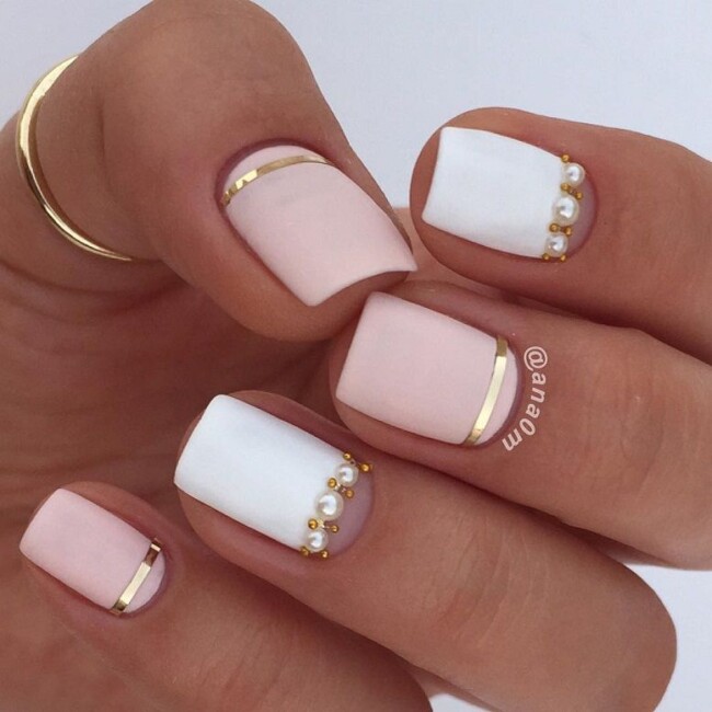 40 Best Wedding Nails For 2022 : Matte Pink and White Nails with Pearls