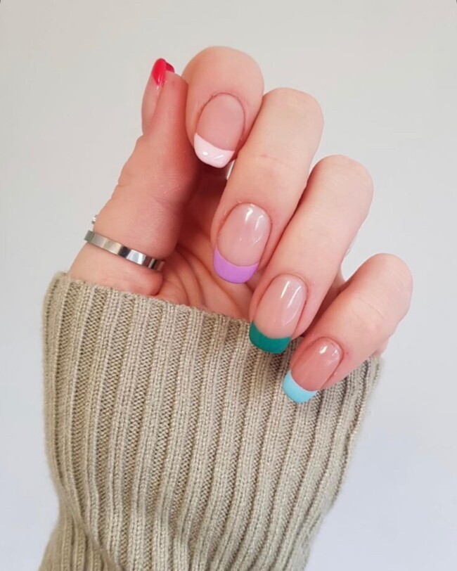 50 Cutest Short Nail Designs for Spring 2022 — Multi-Color French Round Edge Nails