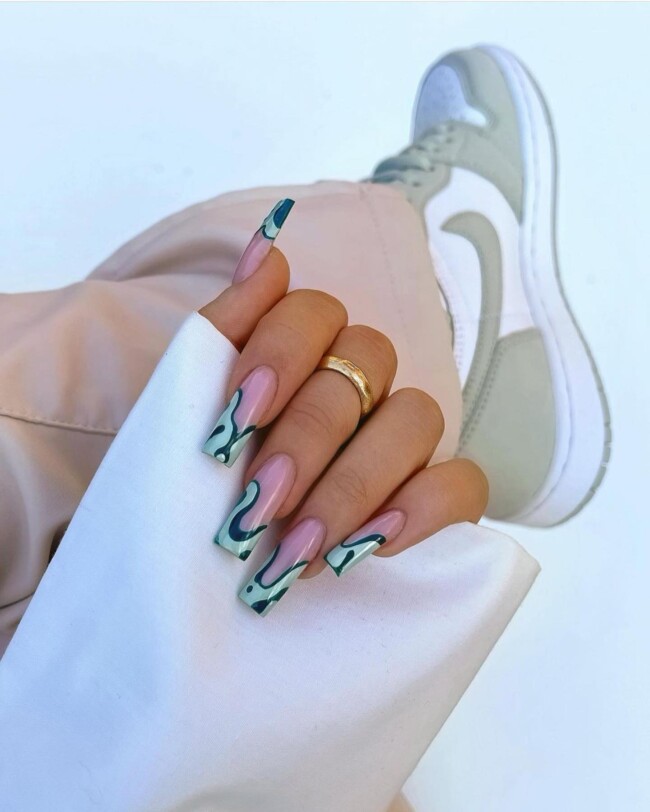 50 Most Stylish Sage Green Nail Designs — Abstract Sage  French Tips