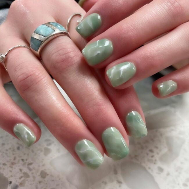 50 Most Stylish Sage Green Nail Designs — Marble Sage Short Nails