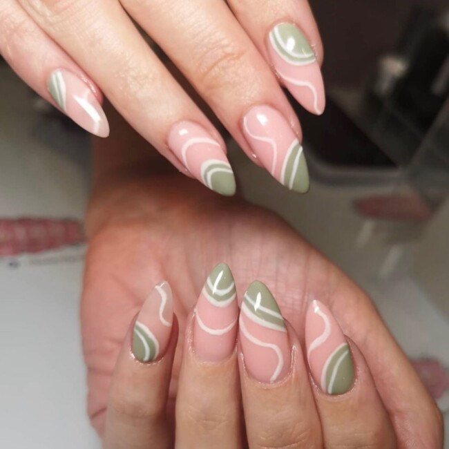 50 Most Stylish Sage Green Nail Designs — Abstract Sage & White Swirl Almond Nails