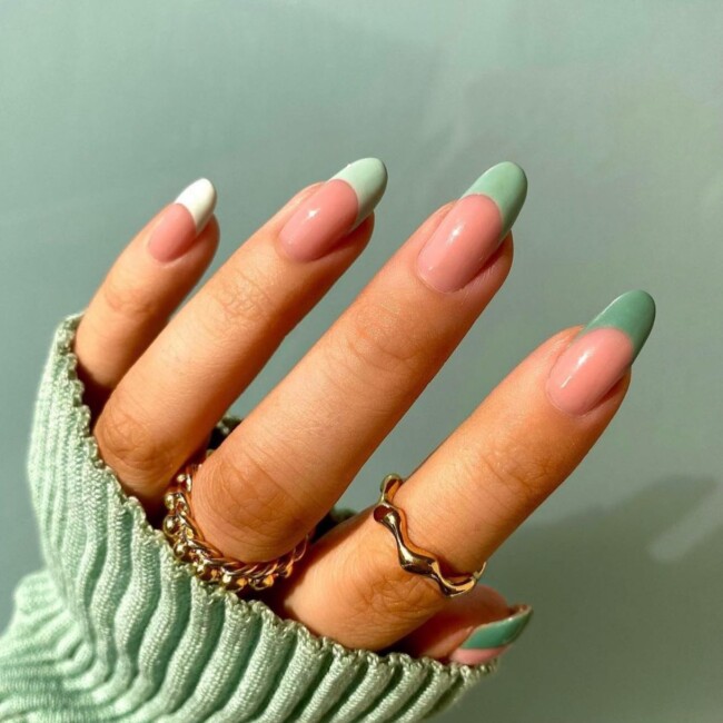 50 Most Stylish Sage Green Nail Designs — Sage Gradient French Almond-Shaped Nails