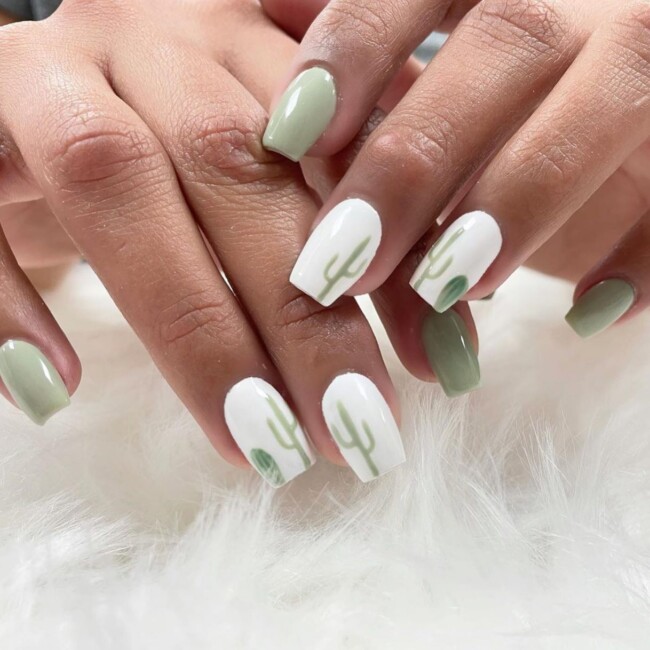 50 Most Stylish Sage Green Nail Designs — Cactus Sage & White Nails