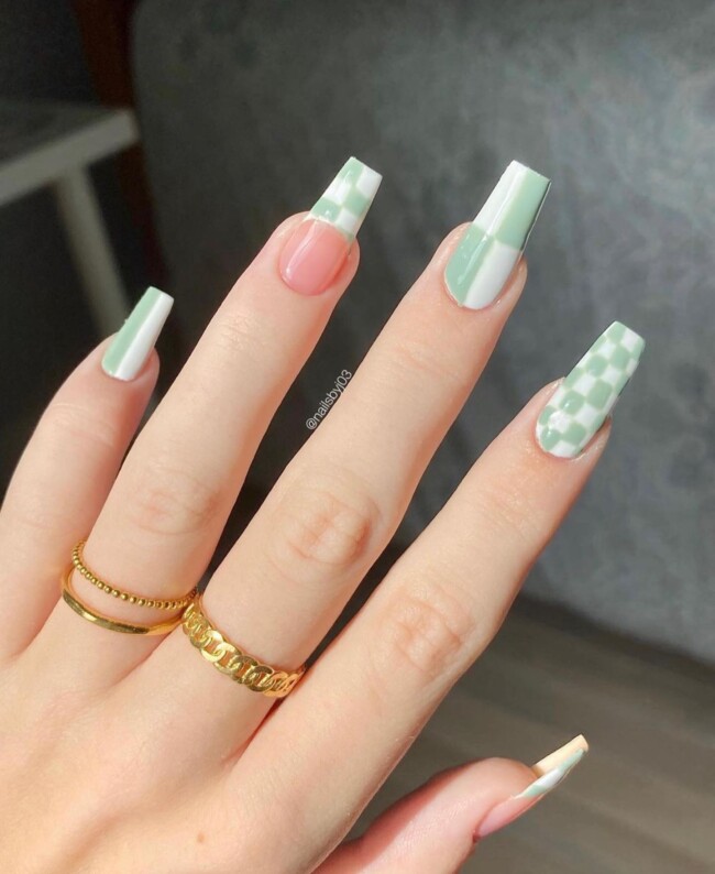 50 Most Stylish Sage Green Nail Designs — Acrylic Sage Checker Nails