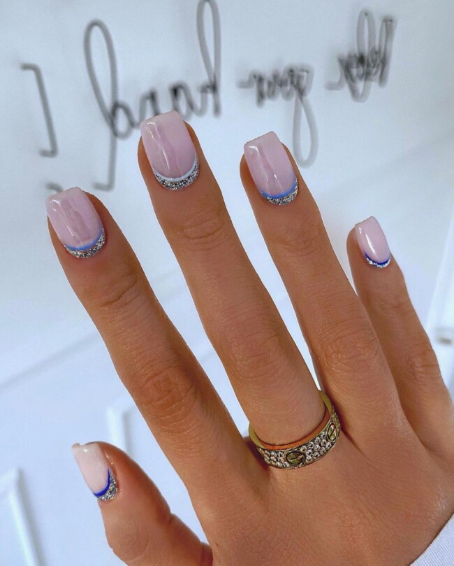 50 Cutest Short Nail Designs for Spring 2022 — Blue and Silver Glitter Reverse French Short Nails