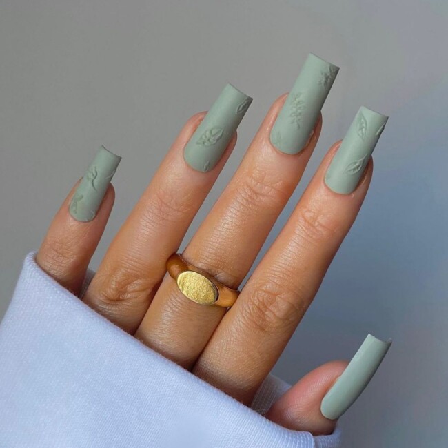 50 Most Stylish Sage Green Nail Designs — Embossed Leave Sage Nails