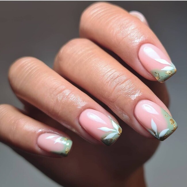 50 Most Stylish Sage Green Nail Designs — White Leave Sage and Gold Flakes