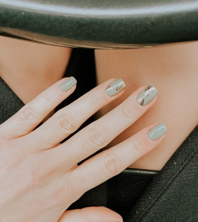 50 Most Stylish Sage Green Nail Designs — Sage Nails with Gold Flakes