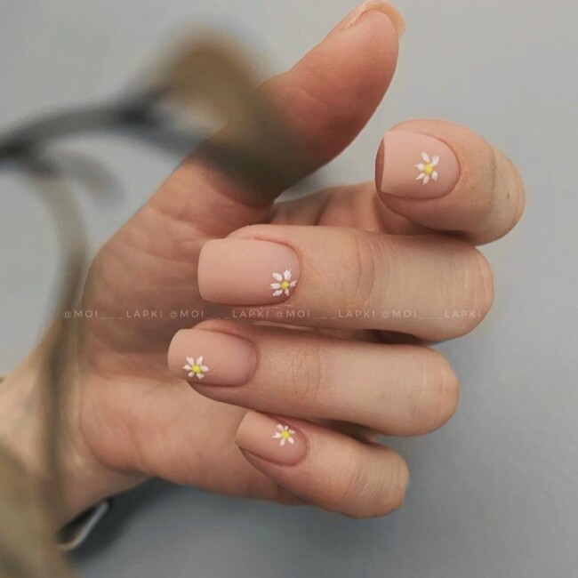 50 Cutest Short Nail Designs for Spring 2022 — Nude Matte Short Nails with Flowers