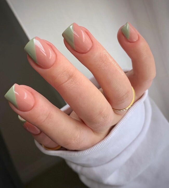 50 Most Stylish Sage Green Nail Designs — Side French Sage Nails