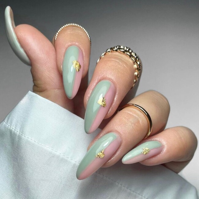 50 Most Stylish Sage Green Nail Designs — Half Sage Half Nude Almond Nail Art