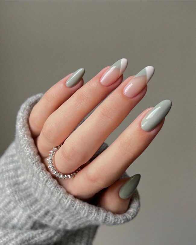 50 Most Stylish Sage Green Nail Designs — Sage and White V-Shaped Tip Nails