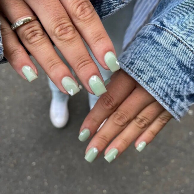 50 Most Stylish Sage Green Nail Designs — Sage Green Short Nails with White Heart