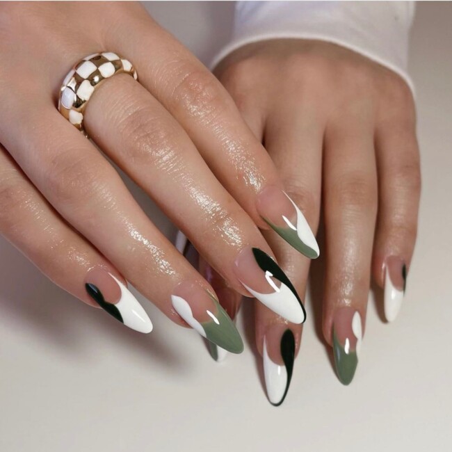 50 Most Stylish Sage Green Nail Designs — Black, Sage and White French Tip Nails