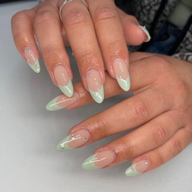 50 Most Stylish Sage Green Nail Designs — Sage French Nails with Rhinestones