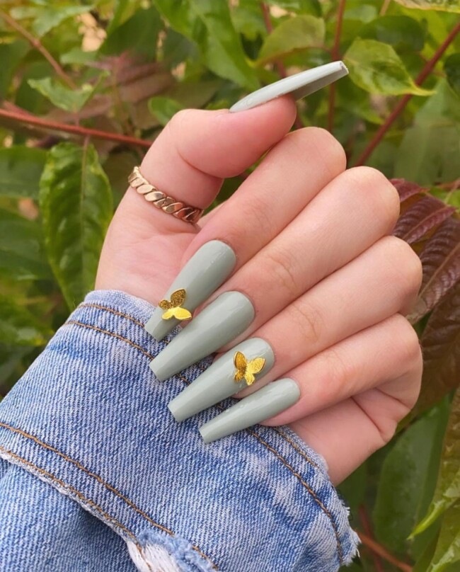 50 Most Stylish Sage Green Nail Designs — Sage Nails with 3D Butterflies