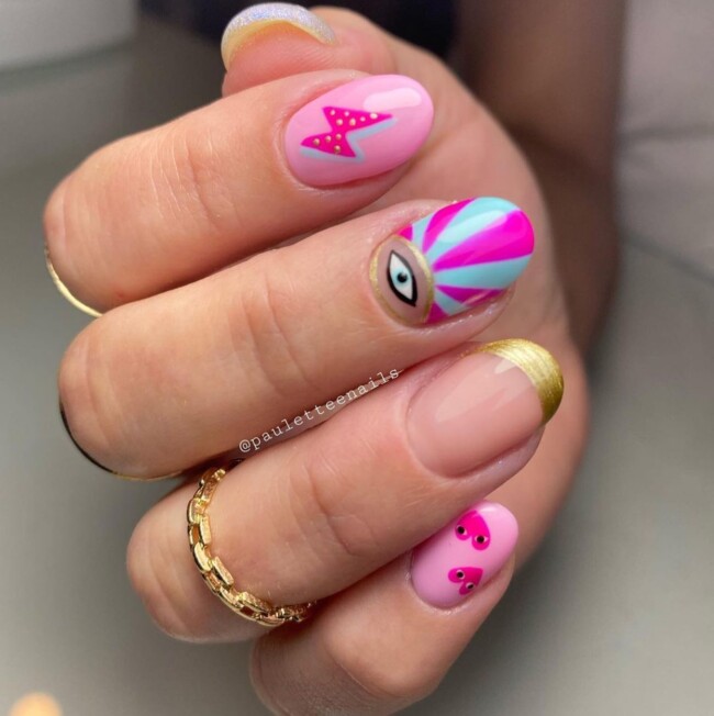 50 Cutest Short Nail Designs for Spring 2022 — Gold French & Hot Pink Pop Art Short Nails