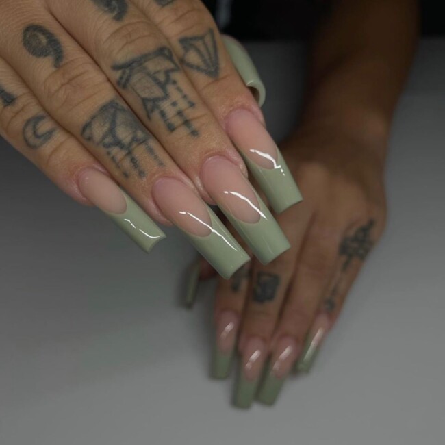 50 Most Stylish Sage Green Nail Designs — Sage Green French Long Nails