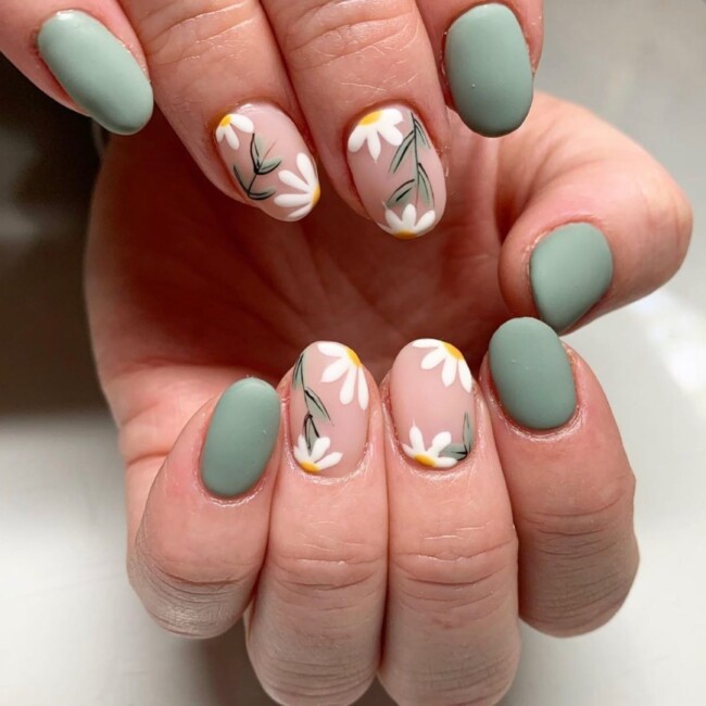 50 Most Stylish Sage Green Nail Designs — Matte Sage & Daisy Nail Art