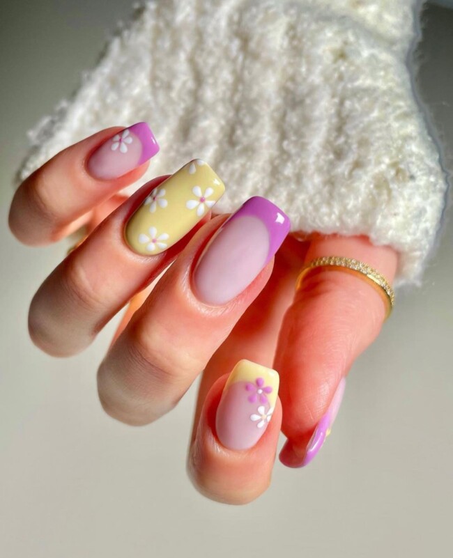 30 Hot Spring Nail Colors in 2022 — Lilac French Tip & Daisy Yellow Nails