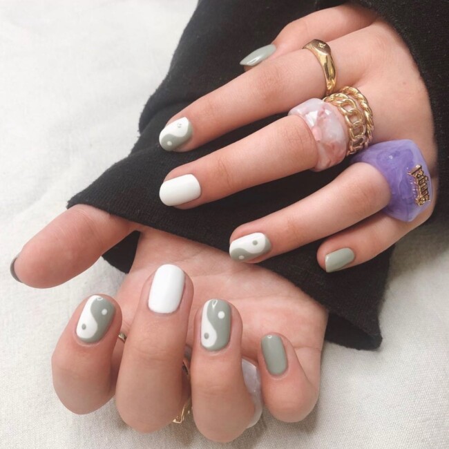 50 Most Stylish Sage Green Nail Designs — Yin Yang Sage and White Nails