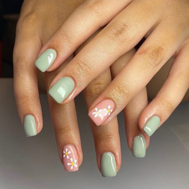 50 Most Stylish Sage Green Nail Designs — Sage Green & Daisies