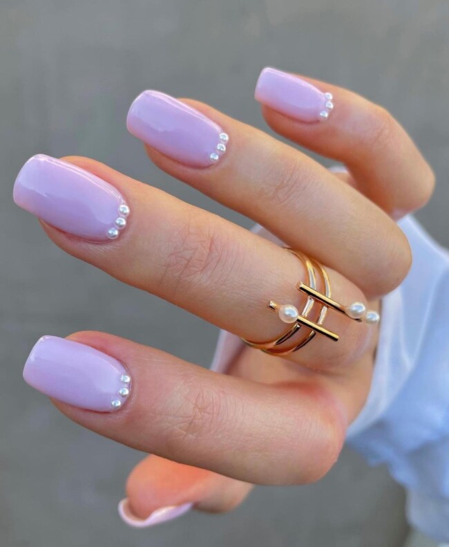 30 Hot Spring Nail Colors in 2022 — Soft Lavender Nails with Pearls