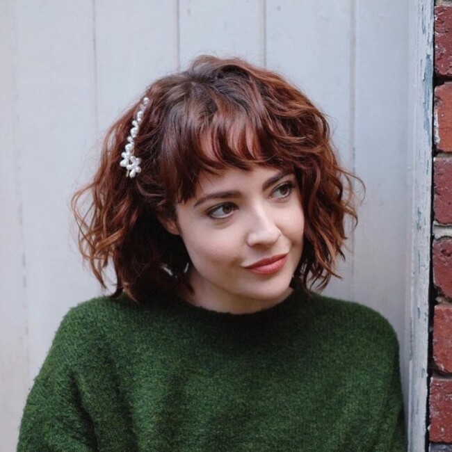 50 Cutest Bob with Bangs Ideas — Mahogany Curly Bob Hairstyle