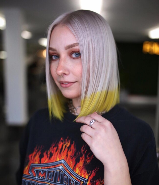 50 Cute Bob Haircuts For Every Hair Type — Platinum Blonde and Yellow Tip Bob