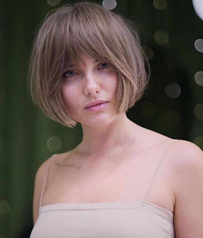 50 Cute Bob Haircuts For Every Hair Type — Bronze Bob Hairstyle with Long Fringe