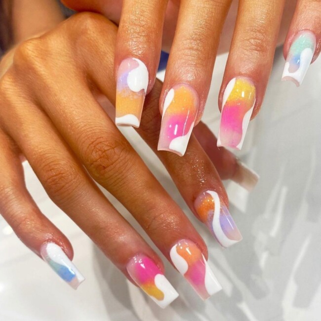 70+ Nail Art Designs Will Make You Want To Try ASAP —Tie-Dye and White Abstract Coffin Nails