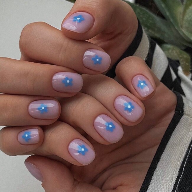 70+ Nail Art Designs Will Make You Want To Try ASAP — Blue Flower Sheer Nails