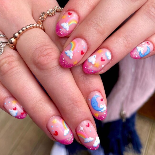 70+ Nail Art Designs Will Make You Want To Try ASAP — Cloud & Pink Glitter Tip Nails