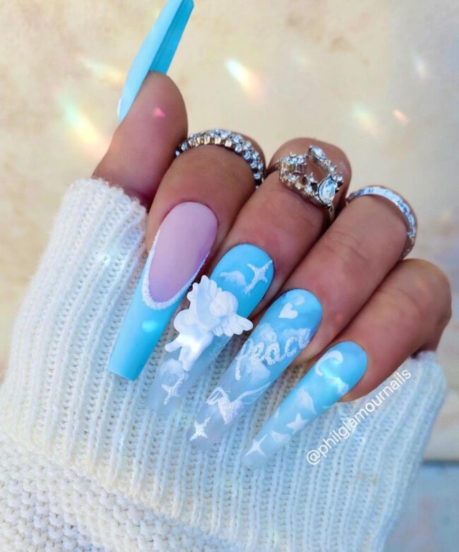 70+ Nail Art Designs Will Make You Want To Try ASAP — Blue Cloud Long Nails with Angel