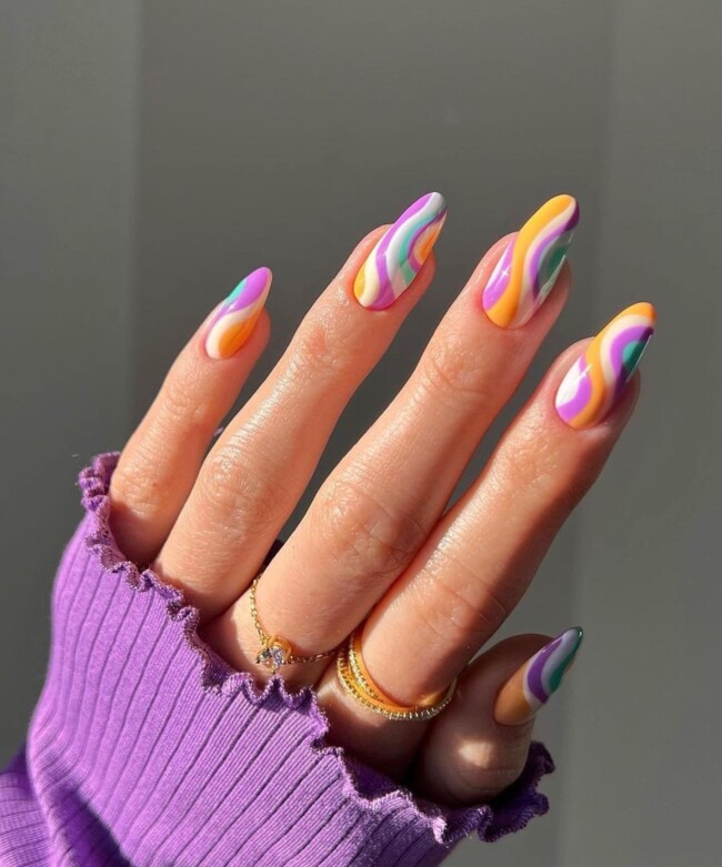 70+ Nail Art Designs Will Make You Want To Try ASAP — Multi-Colored Swirl Nail Art