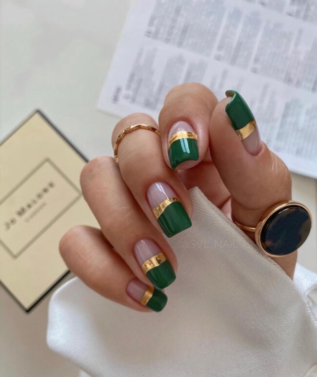 70+ Nail Art Designs Will Make You Want To Try ASAP — Emerald Green Tip Nails with Gold Accents