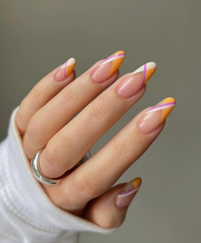 70+ Nail Art Designs Will Make You Want To Try ASAP — Orange and White V-Shaped French Nails