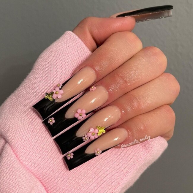 70+ Nail Art Designs Will Make You Want To Try ASAP — Black French Nails with 3D Flowers