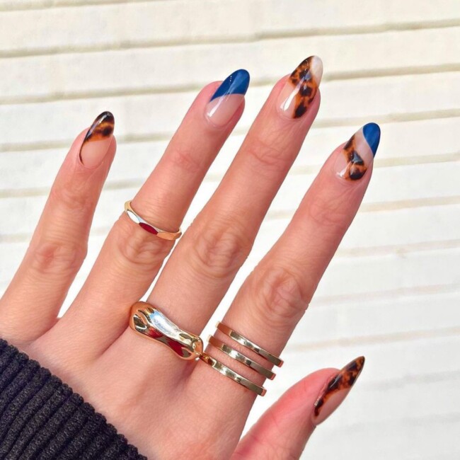 70+ Nail Art Designs Will Make You Want To Try ASAP — Tortoiseshell Swirl & Blue French Tip Nails