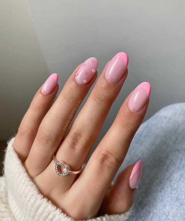 70+ Nail Art Designs Will Make You Want To Try ASAP — Pink Pearl and Pink French Tip Nails