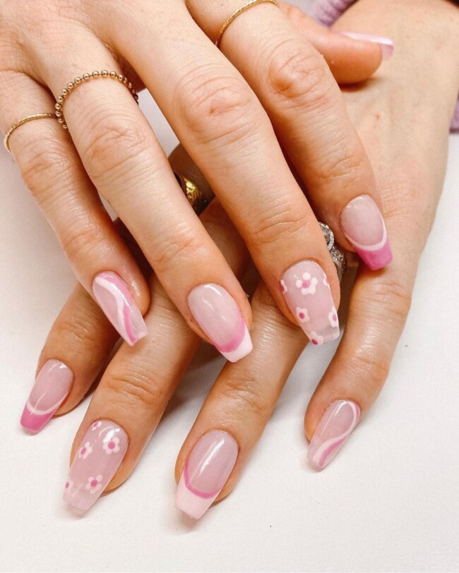 70+ Nail Art Designs Will Make You Want To Try ASAP —Layered of Pink French & Flower Nails