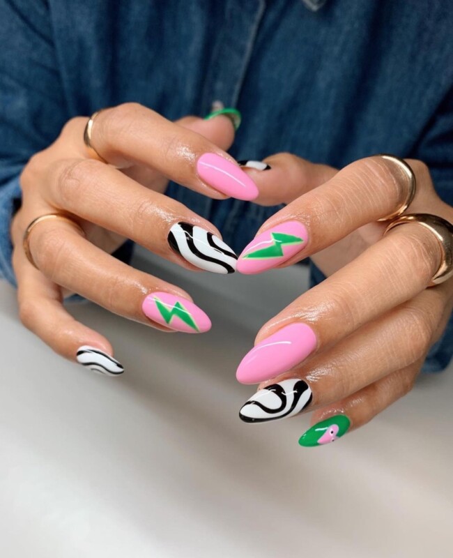 70+ Nail Art Designs Will Make You Want To Try ASAP — Green Lightning Pink Nails