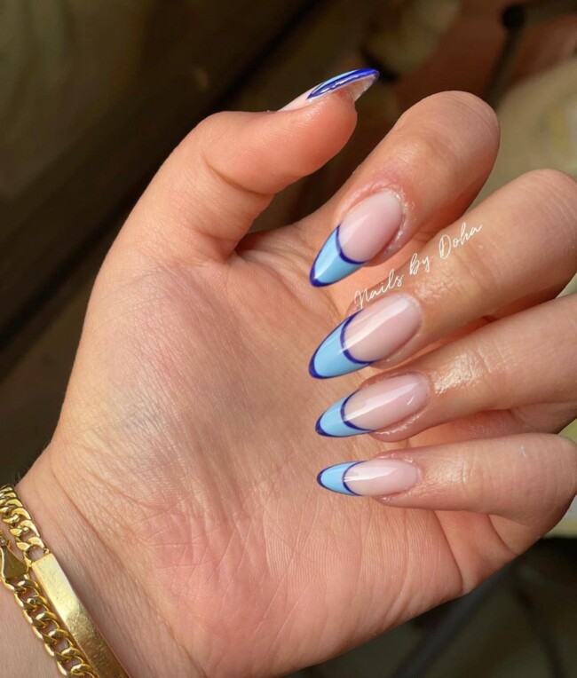 70+ Nail Art Designs Will Make You Want To Try ASAP — Dark Blue Outline Baby Blue French Nails