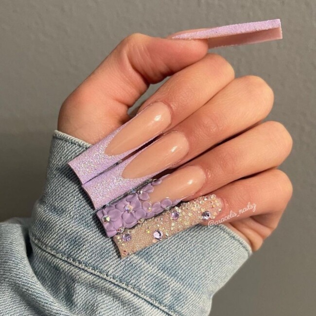 70+ Nail Art Designs Will Make You Want To Try ASAP — Lilac Textured & Flower Nail Art